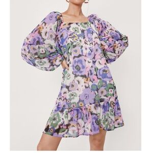 Floral Puff Sleeve Tie Back Mini Smock Dress
